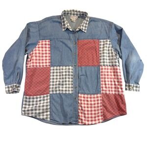 Vintage Patchwork Denim Long Sleeve Button Up Shirt Women's Plus Gingham